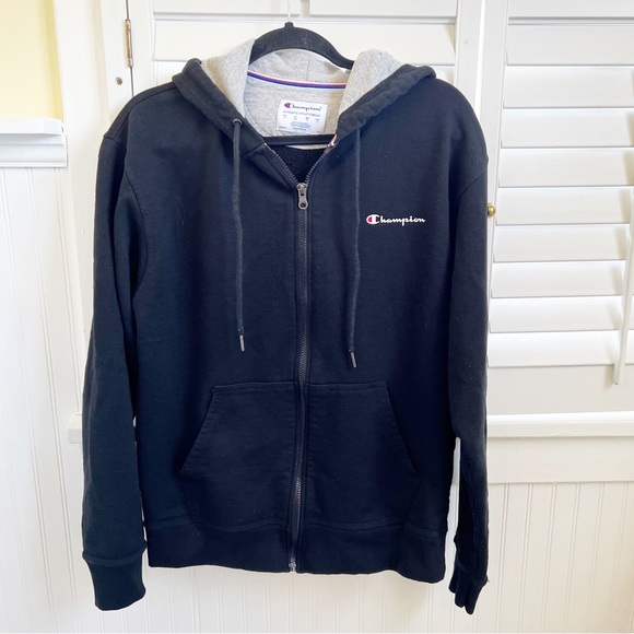 Champion Black Full Zip Hooded Powerblend Fleece Hoodie Jacket Men’s Size Medium - Picture 2 of 5